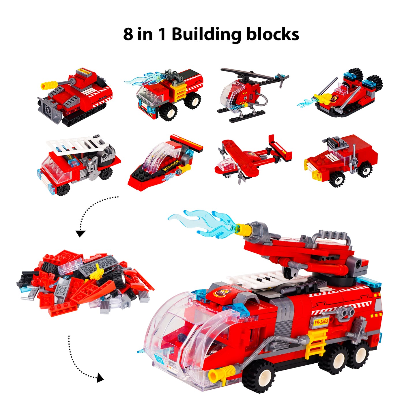 LULUFUN 8-in-1 Fire Truck Toys Building Blocks Set, Gift for Age 14+ Kids Boys and Girls 313pcs