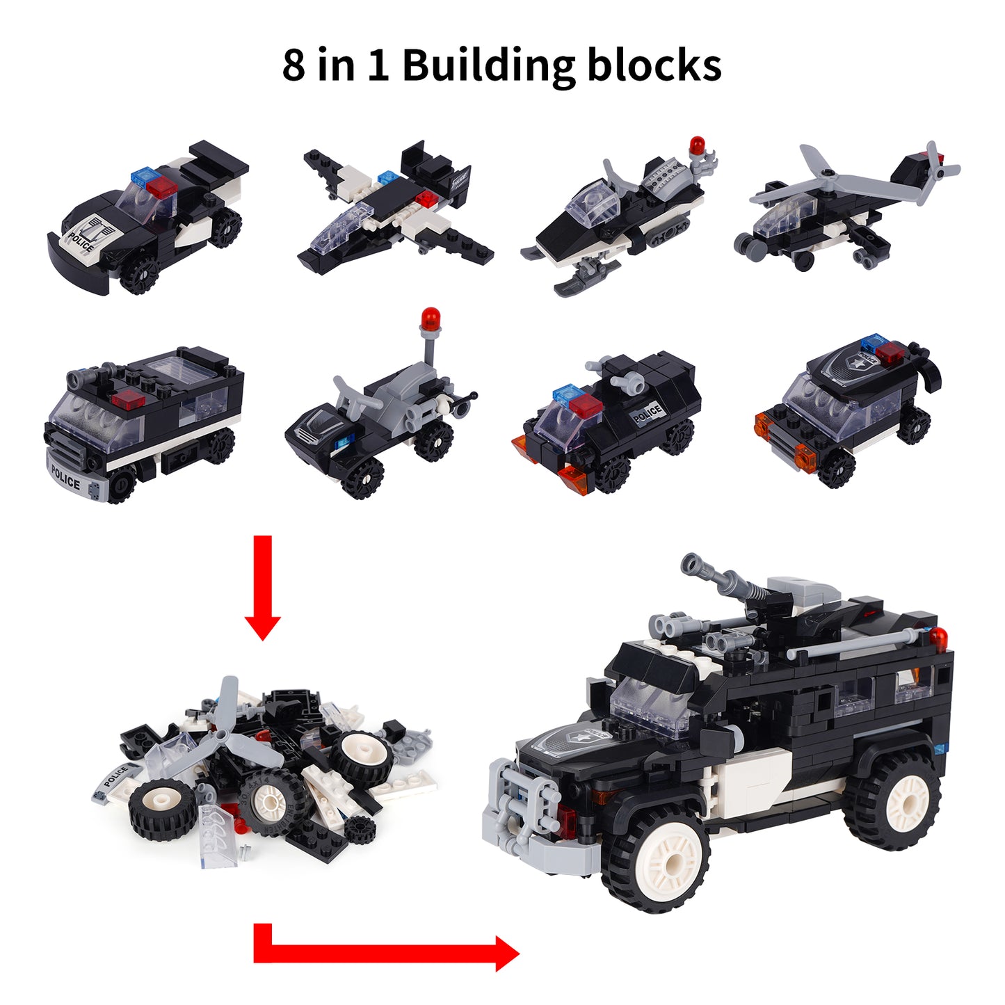 LULUFUN 8-in-1 Police Car Toys, Police Vehicles Building Blocks, 9 Model Engineering Building Block Kits, Gift for 14+ Year Old Boys and Girls 340PCS