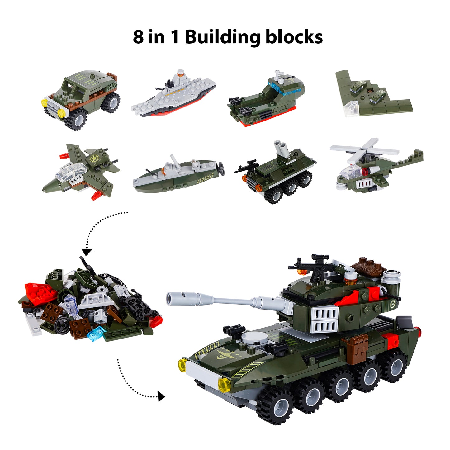 LULUFUN 8-in-1 Army Toys Building Blocks Set, Gift for Age 14+ Kids Boys and Girls 361pcs